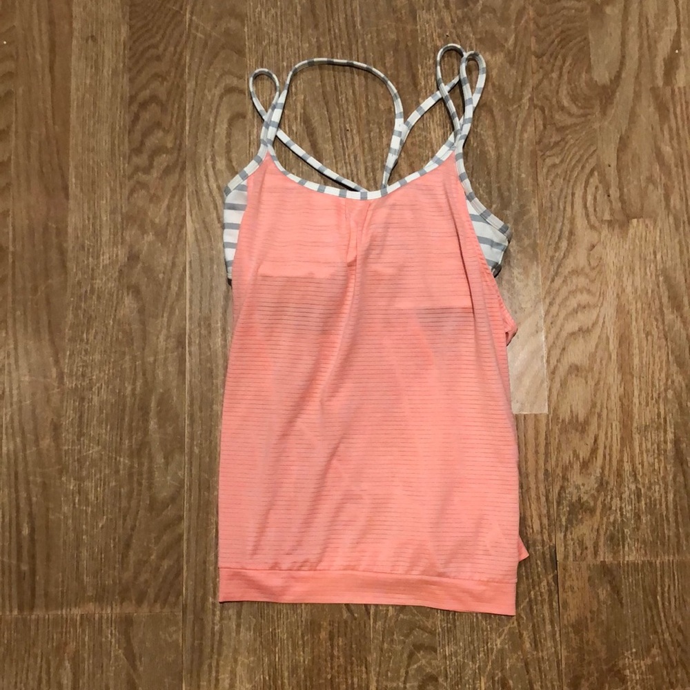 Athleta Coral Pink Strappy Tank with Gray-White Striped Trim